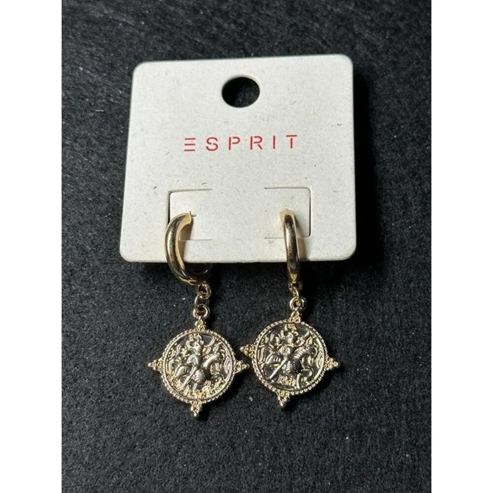 ESPRIT Gold Tone Coin Medallion Charm Dangle Hoop Earrings Embossed Boho New